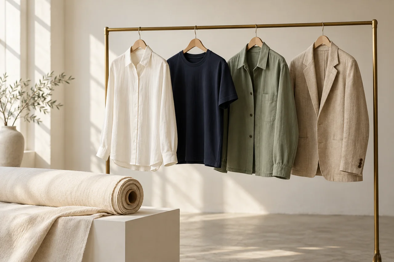 An illustrative apparel collection in ivory, navy, sage and sand