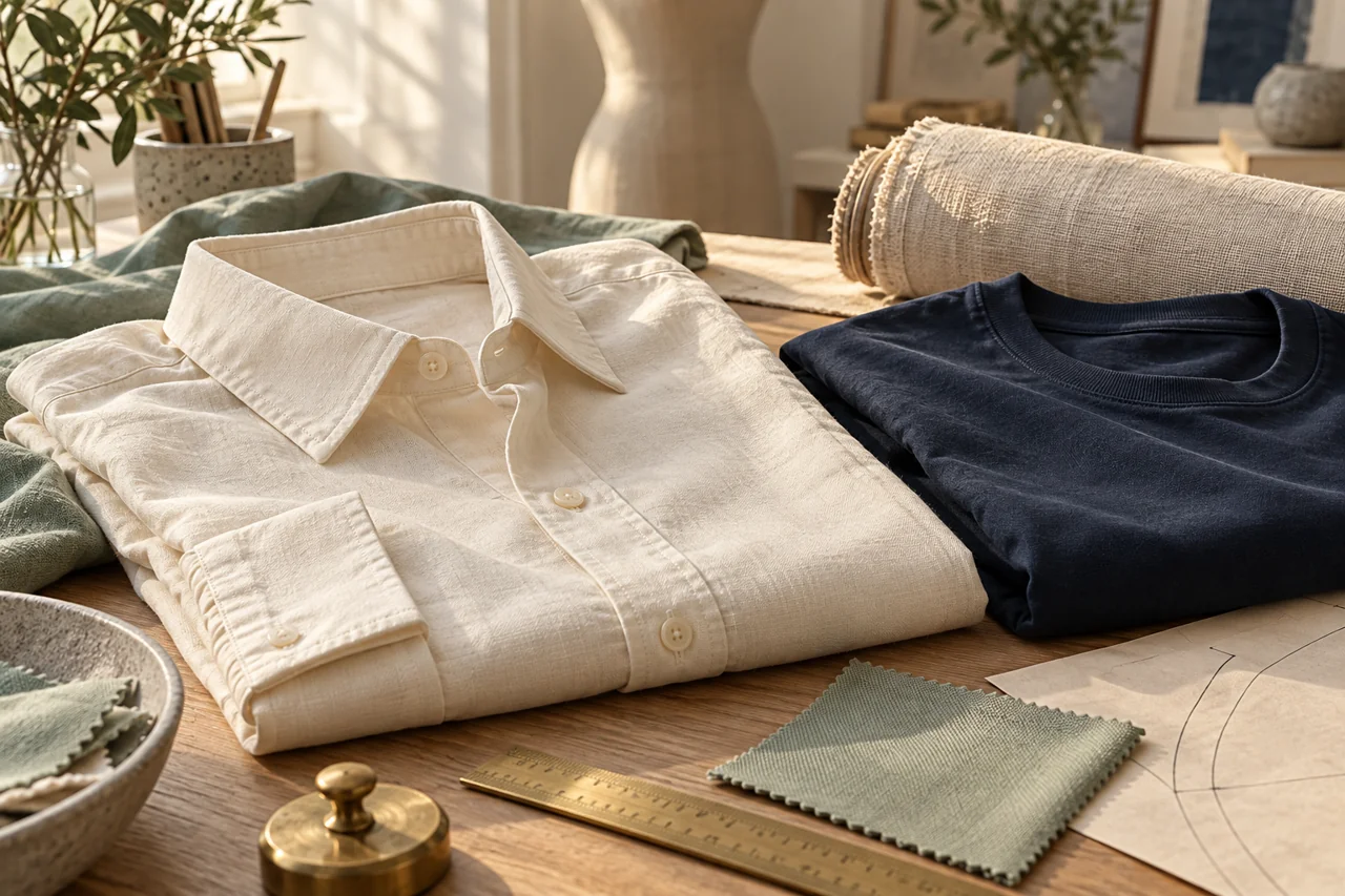 Illustrative woven shirt and navy jersey garment with fabric development materials