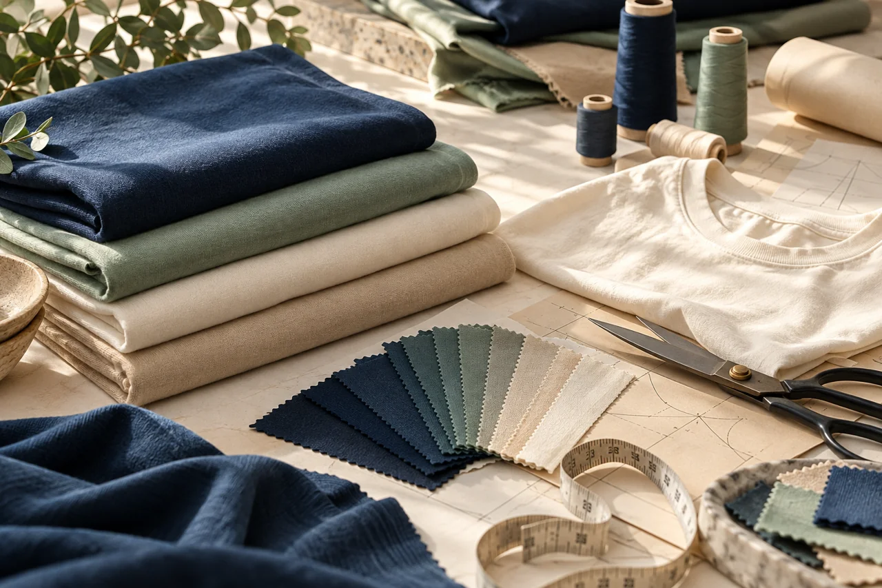 Illustrative cotton fabrics, swatches and pattern-making tools on an atelier table