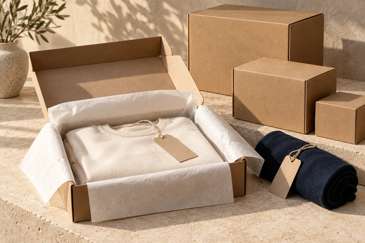 Garment sample packaging with kraft parcels and tissue