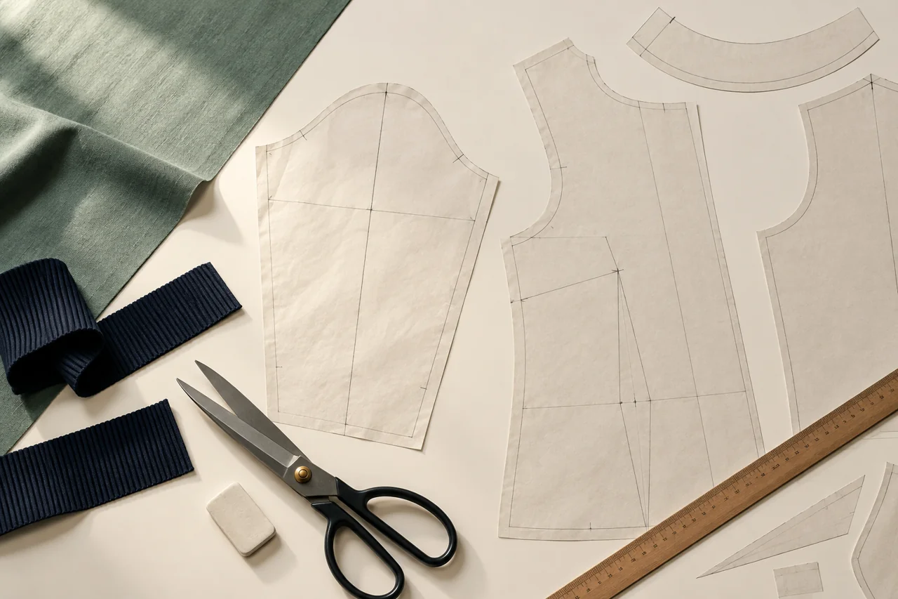 Garment pattern pieces, ribbed trims and drafting tools