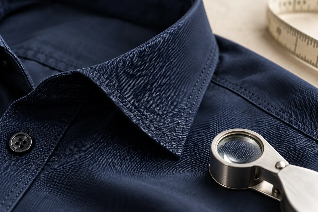 Close view of navy garment stitching and a textile magnifier
