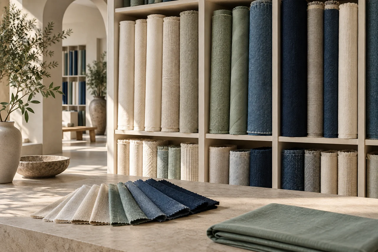 Cotton, linen and denim fabrics in an illustrative textile library